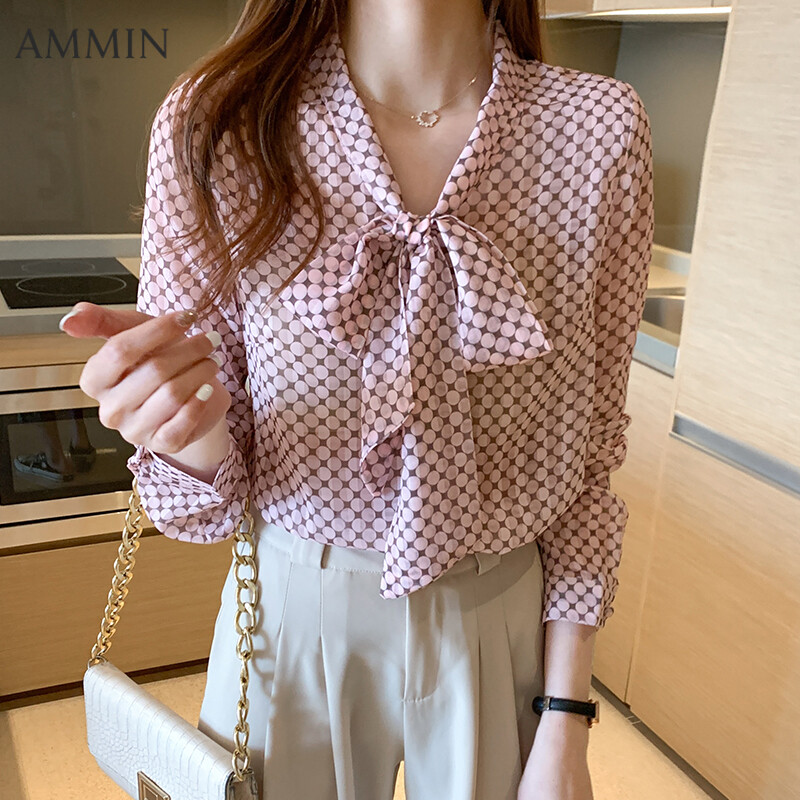 Áo Nữ AMMIN Dáng Rộng Chấm Bi Thắt Nơ Nổi Thường Ngày, Áo Sơ Mi Nữ Áo Voan Dáng Ôm