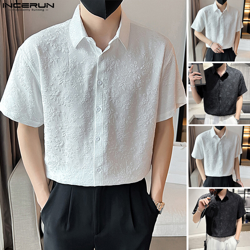 Charmkpr store incerun áo sơ mi cài cúc thường ngày hoa cổ điển tay ngắn cho nam áo thun