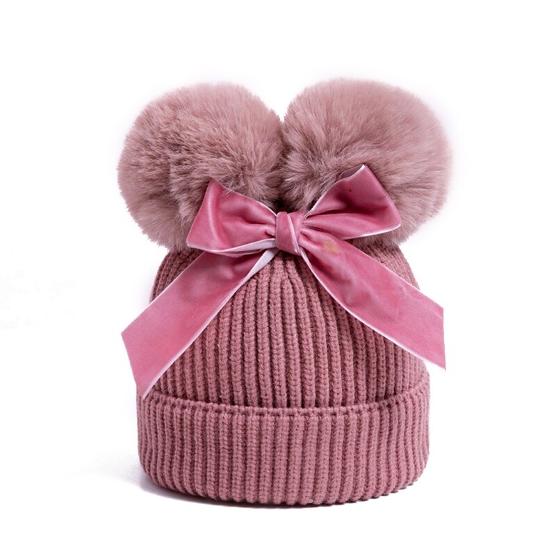 Baby Pompom Hat Stuff Double Ball Winter Knitted Kids Baby Girl Hat Warm
