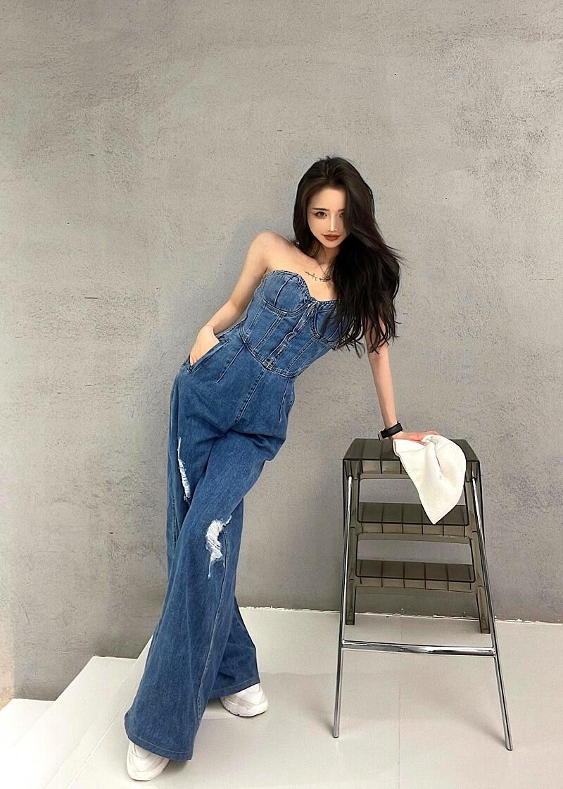 denim tube jumpsuit