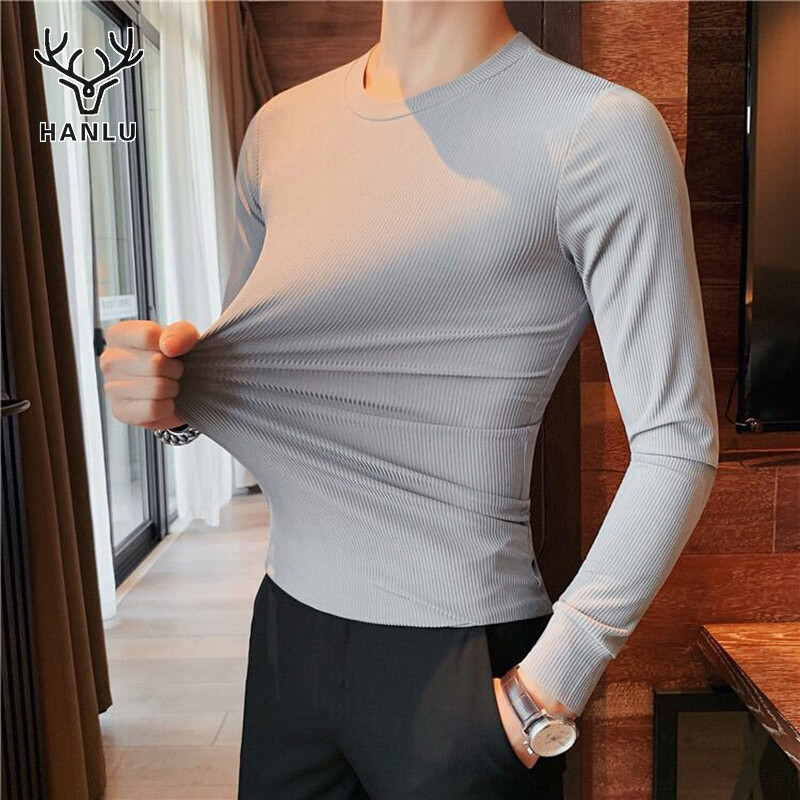 Hanlu người đàn ông của cổ tròn áo ôm độ co giãn cao người đàn ông của tops người đàn ông của lụa băng t-shirt tay áo dài màu sắc cổ tròn kẻ sọc cổ tròn dài tay cho nam tay áo dài s