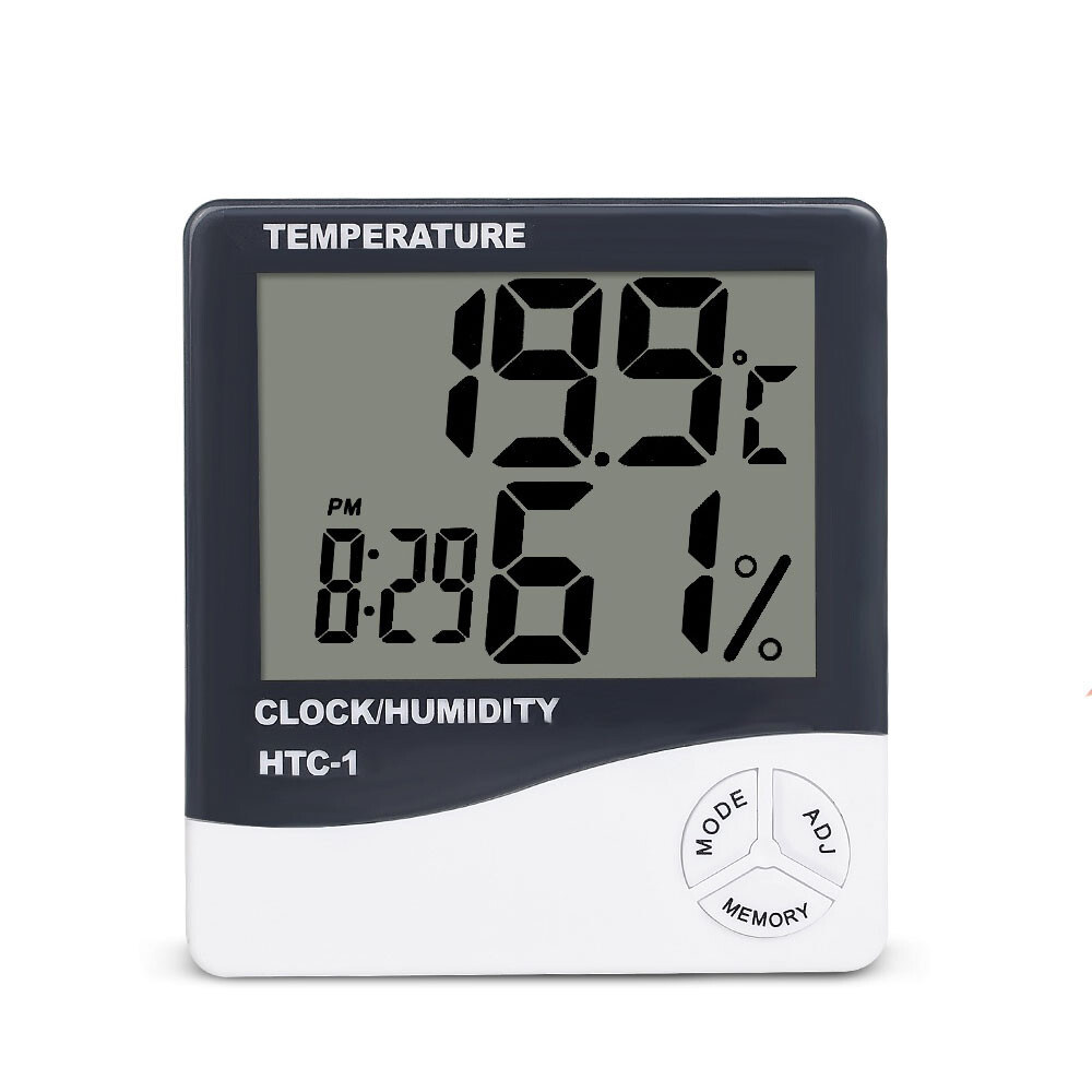Máy đo độ ẩm nhiệt độ kỹ thuật số lcd máy đo độ ẩm nhiệt kế đa năng đồng hồ báo thức htc-1