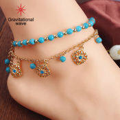 Gravitational wave Boho Double Layers Rhinestone Flower Turquoise Foot Chain Anklet Ankle Bracelet