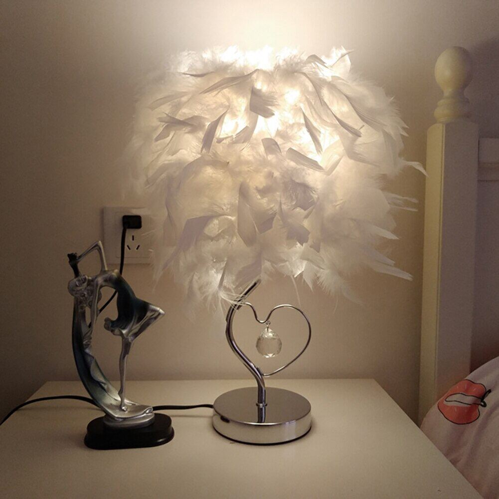 Heart Shape Feather Crystal Table Lamp For Bedroom Bedse Romantic Desk Lamp Home Decor Creative Gift Planetarium EU/US Plug