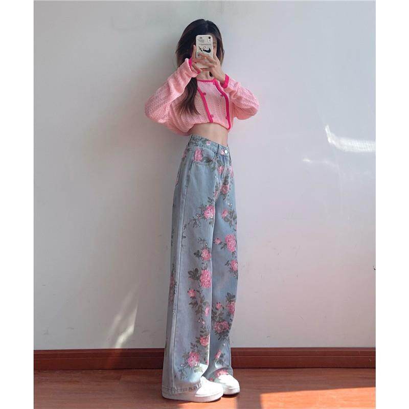 Quần bò hoài cổ ngọt ngào và cay quần ống rộng ống đứng mỏng cạp cao ống đứng mới mùa thu cho nữ quần bò cho nữ