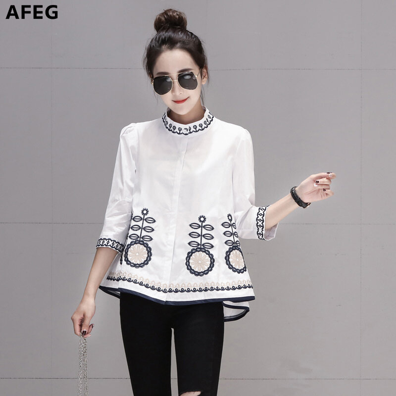Áo Sơ Mi Cotton Thêu Affeg, Áo Cánh Màu Trắng Tay 3/4 Thường Ngày Cỡ Lớn Cho Nữ Quần Áo Rộng