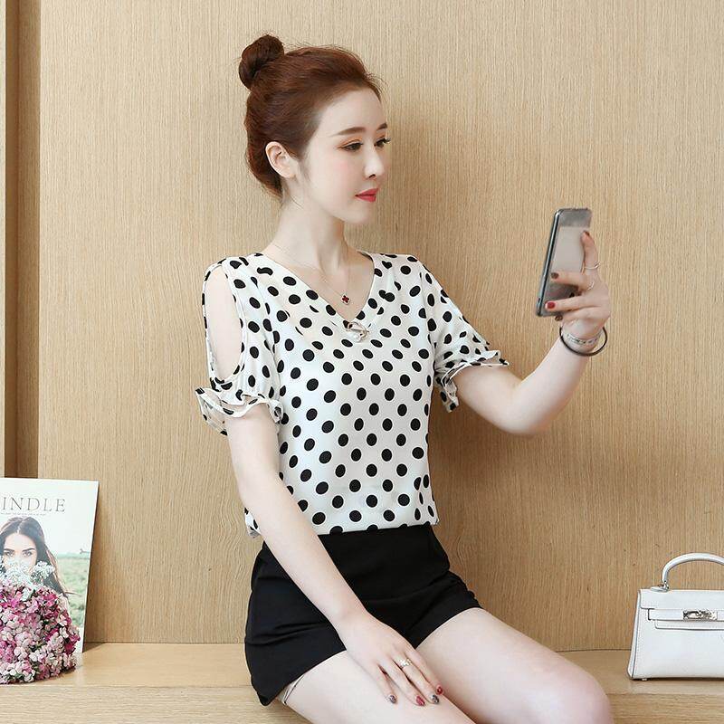AFEG Áo Voan Chấm Bi Ngắn Tay Dáng Rộng Phong Cách Hàn Quốc Mới Mùa Hè