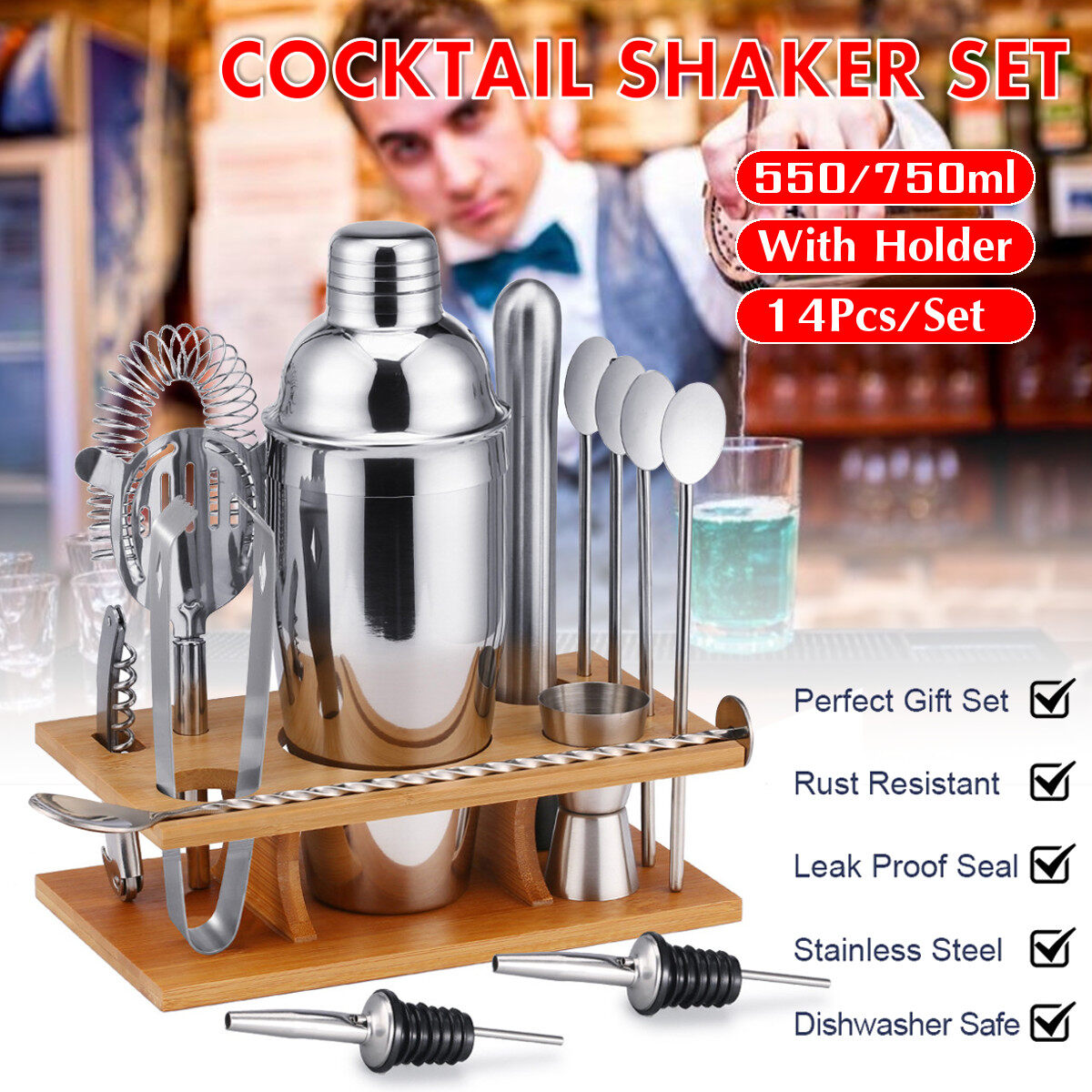 Generic 14Pcs Cocktail Shaker Set Mixer Martini Spirits Bar Spoon Tongs