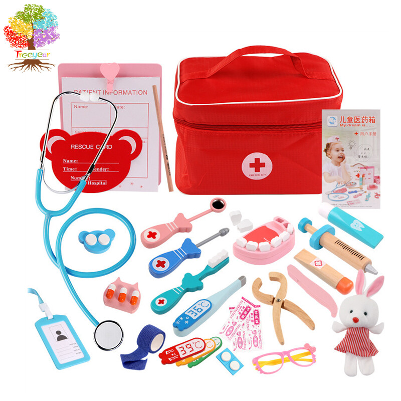 Bác sĩ bằng gỗ, bộ nha sĩ giả vờ, bộ bác sĩ y tế với ống nghe thực tế cho trẻ em và trang phục nhập vai bác sĩ
