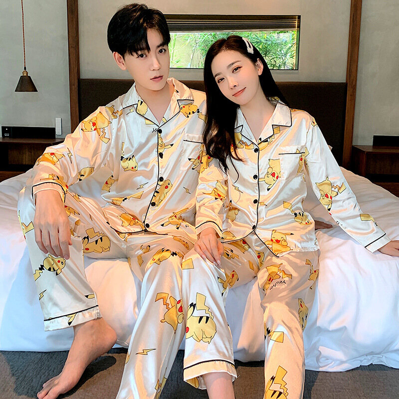 Bộ đồ ngủ sang trọng bộ đồ ngủ lụa satin, đồ ngủ đôi pikachu bộ đồ ngủ cho người yêu pijama gia đình, quần áo mặc nhà thường ngày cho nam và nữ