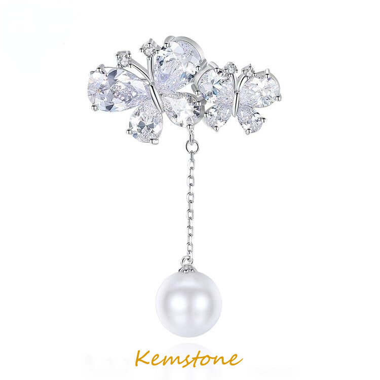 Kemstone ghim cài áo mạ bạc ngọc trai zircon aaa sáng bóng ghim cài áo hình bướm cho nữ bộ com lê váy quà tặng phụ kiện trang sức