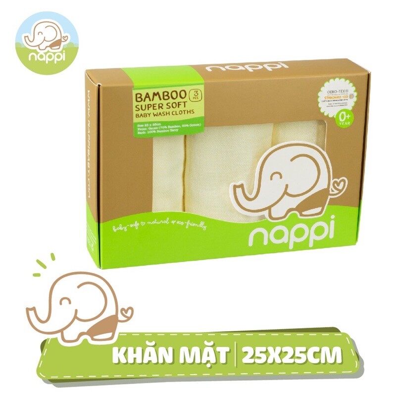 Set 3 khăn mặt sợi tre NAPPI cho bé 25x25cm, Khăn mặt trẻ em chất liệu cao cấp