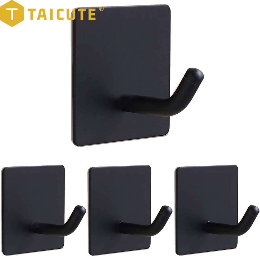 【Fire New】 TAICUTE 4Pack Adhesive Wall Hook Stainless Steel Sticky Coat Hooks Towel Hanger Holder Bathroom Accessories Black