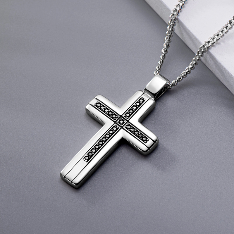Hip hop phong cách Rock Vòng cổ nam chữ thập của S925 Sterling bạc đen mosonite Mặt dây chuyền biba70702