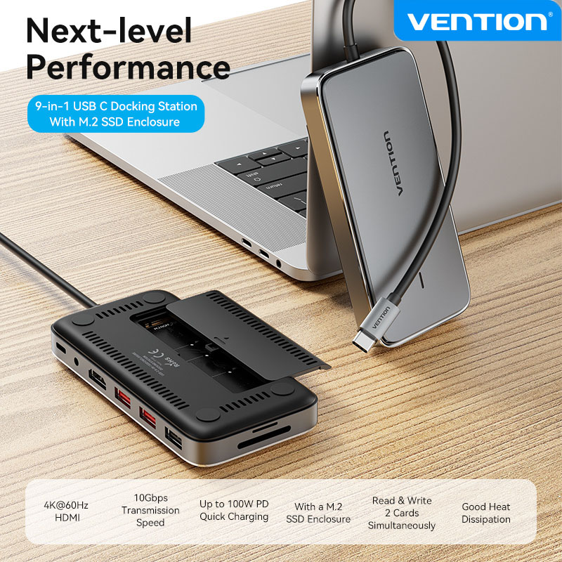 Vention bộ chia usb c 9 trong 1 với hộp ổ cứng m.2 ssd bộ chia usb kép 3.1 thế hệ 2 cho macbook pro max samsung s22 ultra ipad air 4 cổng type c