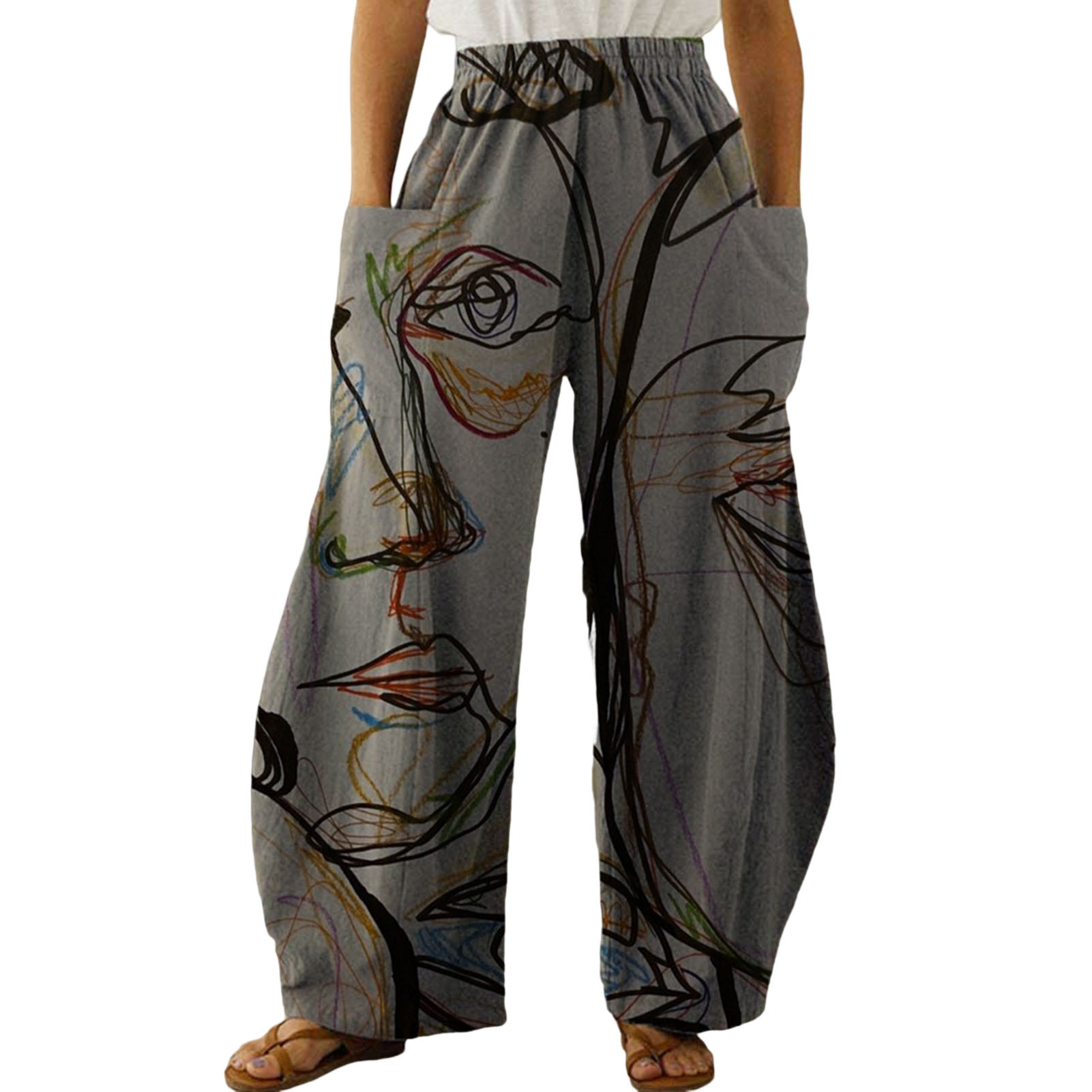 windycat Elastic Waistband High-Waist Big Pockets Straight Lady Slacks Figure Face Graffiti Pattern Wide Leg Pants Female Clothing Leisure Pants Straight ราคา  322 บาท*ส่งฟรี