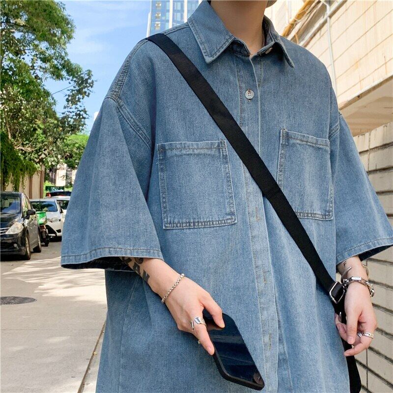 Summer Denim Shirt Men s Korean Fashion Academy Style Short Sleeve Shirt
