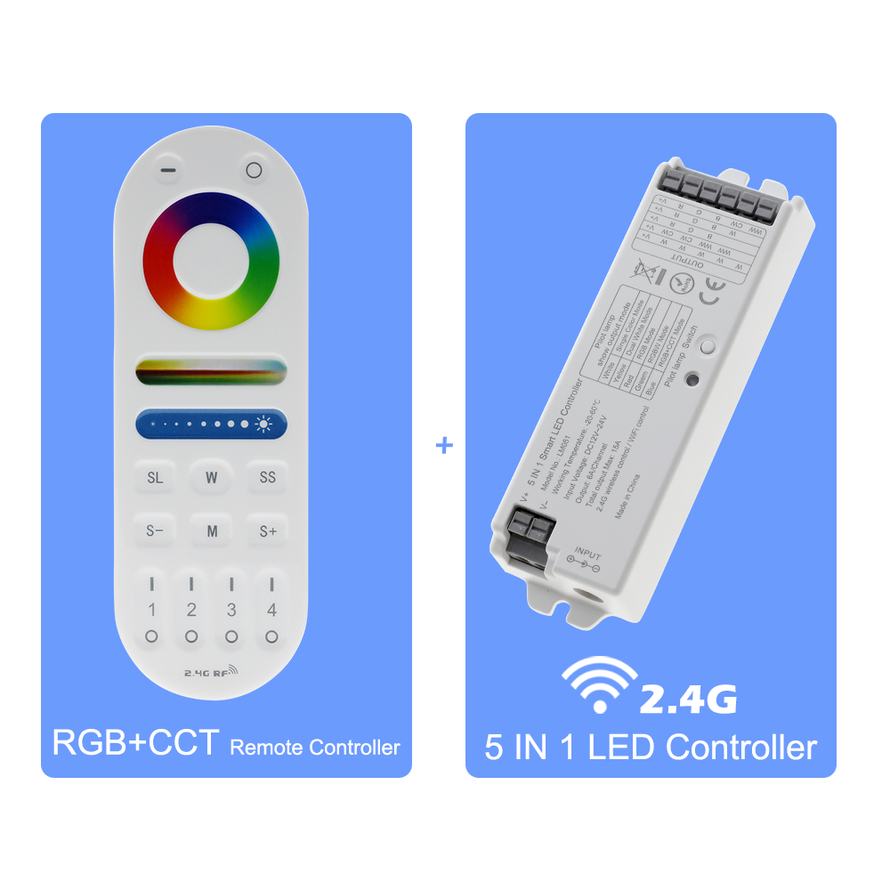 2.4G 5 IN 1 LED Controller Tuya WiFi Dimmer CCT RGB RGBW RGB+CCT LED Strip Smart Controller RF Wireless Remote Control 12V 24V