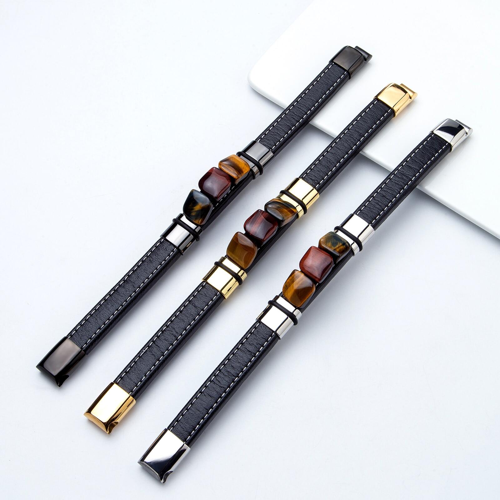Nhiều màu mới 3 vuông tự nhiên cũ Đá Mắt Hổ Trang sức cổ điển quyến rũ rộng dây da nam Vòng tay bằng thép không gỉ trang sức