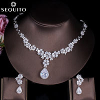 SEQUITO Vòng Cổ Hoa Tai Mặt Dây Chuyền Đá Zirconia Hình Giọt Nước Lớn Mạ Vàng Trắng Cho Tiệc Cưới Thanh Lịch Bộ Trang Sức Hoa Cô Dâu SJ210