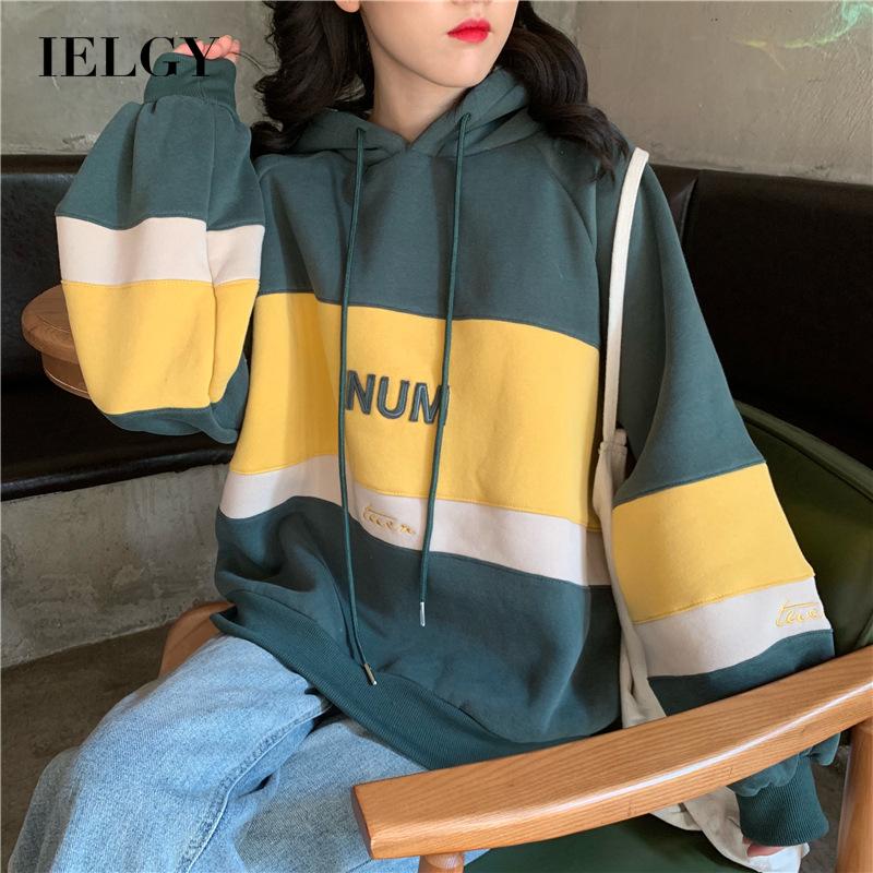 IELGY Quần Áo Nữ , Áo Dài Tay Có Mũ Trùm Đầu Rộng, Mặc Hàng Ngày, Áo Chui Đầu Vải Nhung Ngoại Chữ Cái Thời Trang