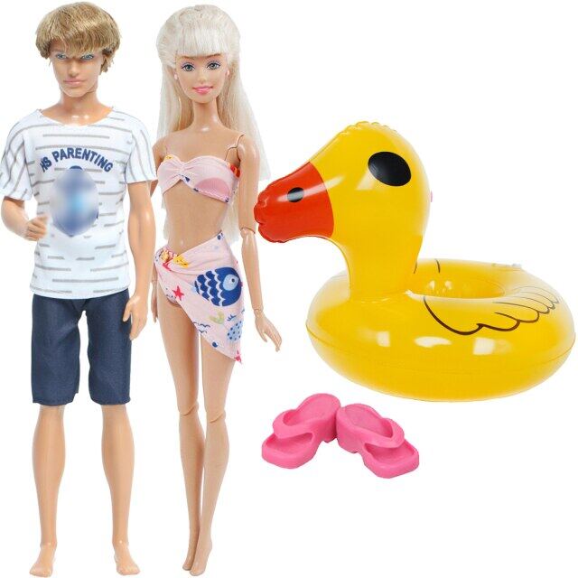 4 Pcs/Pack Summer Wear Doll Clothes Men's Outfits + Bikini Pink Slippers Lifebuoy Accessories for Barbie Doll Ken Doll Kids Toy