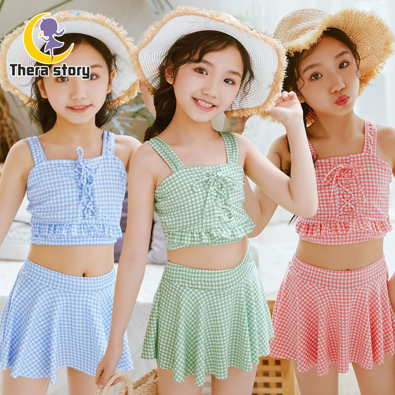 BAOLONGXIN Đồ Bơi Ngọt Ngào Cho Bé Gái, Đồ Bơi Hai Mảnh Kẻ Ca Rô Phong Cách Hàn Quốc Cho Bé Gái, Đồ Bơi Trung Bình Và Lớn Cho Trẻ Em