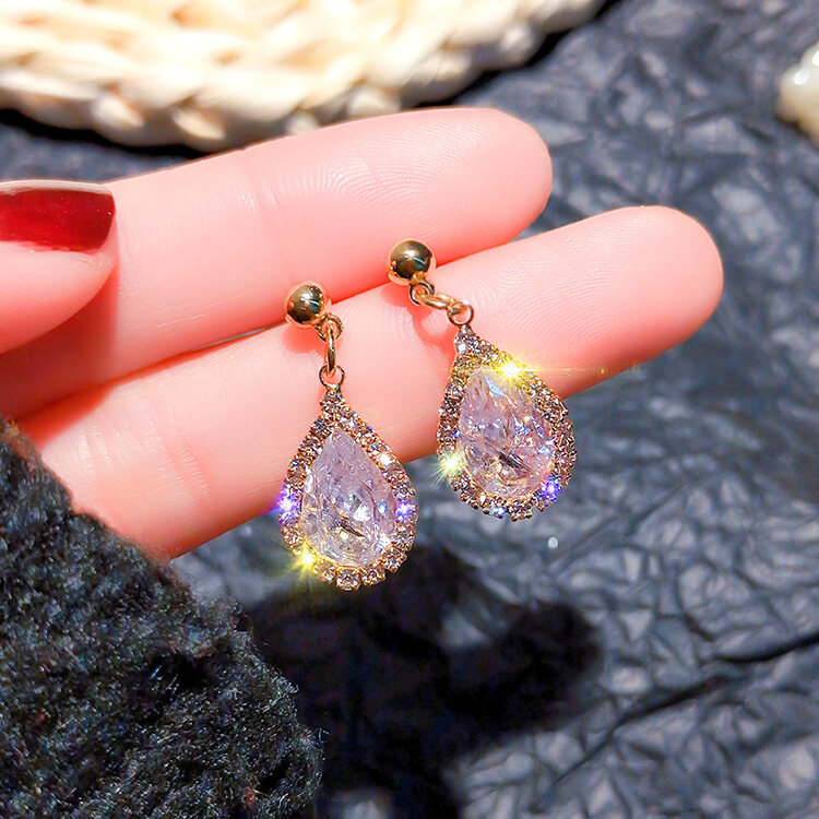 Singtous bông tai zircon hình giọt nước kim bạc s925 cho nữ