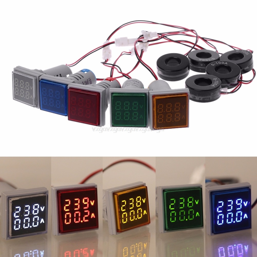 Vôn kế hiển thị kép kỹ thuật số led hình vuông ampe kế đồng hồ đo điện áp ac 60-500v 0-100a d18