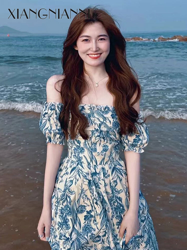 Xiang Nian ni Đầm cotton Đầm một chữ in cổ áo giản dị màu xanh dài nữ
