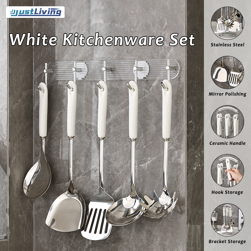 JustLiving 7PCS/Set Spatula Ceramic Set Cookware Stainless Steel Ceramic Scandinavian Food Grade Kitchen Stainless Steel White Spatula Cookware Set Home Frying Spatula Soup Spoon Cooking Cookware ราคา 474 บาท*ส่งฟรี