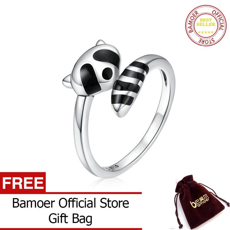 BAMOER Nhẫn Đeo Tay Hình Gấu Trúc Tráng Men Màu Đen Bằng Bạc Sterling 925 Thật Cho Nữ Trang Sức Tinh Xảo Có Thể Điều Chỉnh Kích Thước Tự Do SCR652