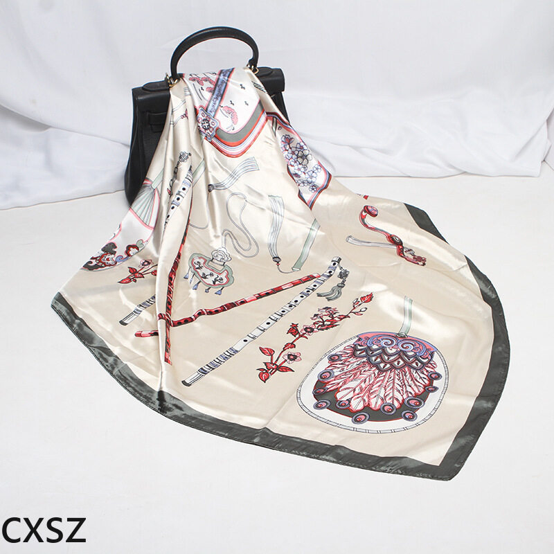 CXSZ 2020ใหม่ผ้าพันคอผ้าไหมเทียมหญิงต้นองุ่นดอกไม้สีฟ้าพิมพ์90ผ้าพันคอฮิญาบทรงเหลี่ยมผ้าพันคอ