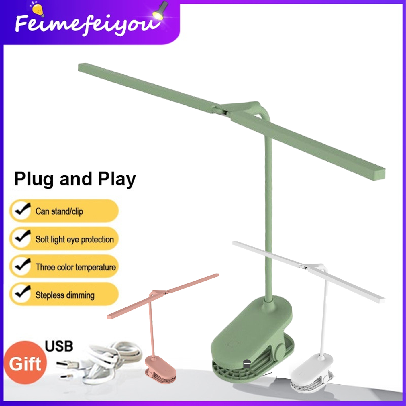 Table Lamp Double Tube Desk Lamp Learning Lighting with Clip College Dormitory Children's Reading Lamp White/natural /warm Light ราคา 567 บาท*ส่งฟรี
