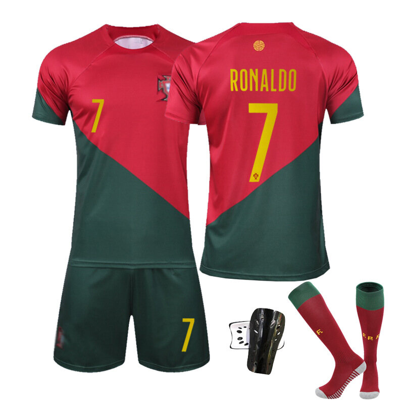 [In Stock] NO.7 Cristianos Ronaldos Men Kids Boy Short Sleeve Football Jersey 22-23 World Cup Portugal National Football Teams Home Sports Training Jersey Set