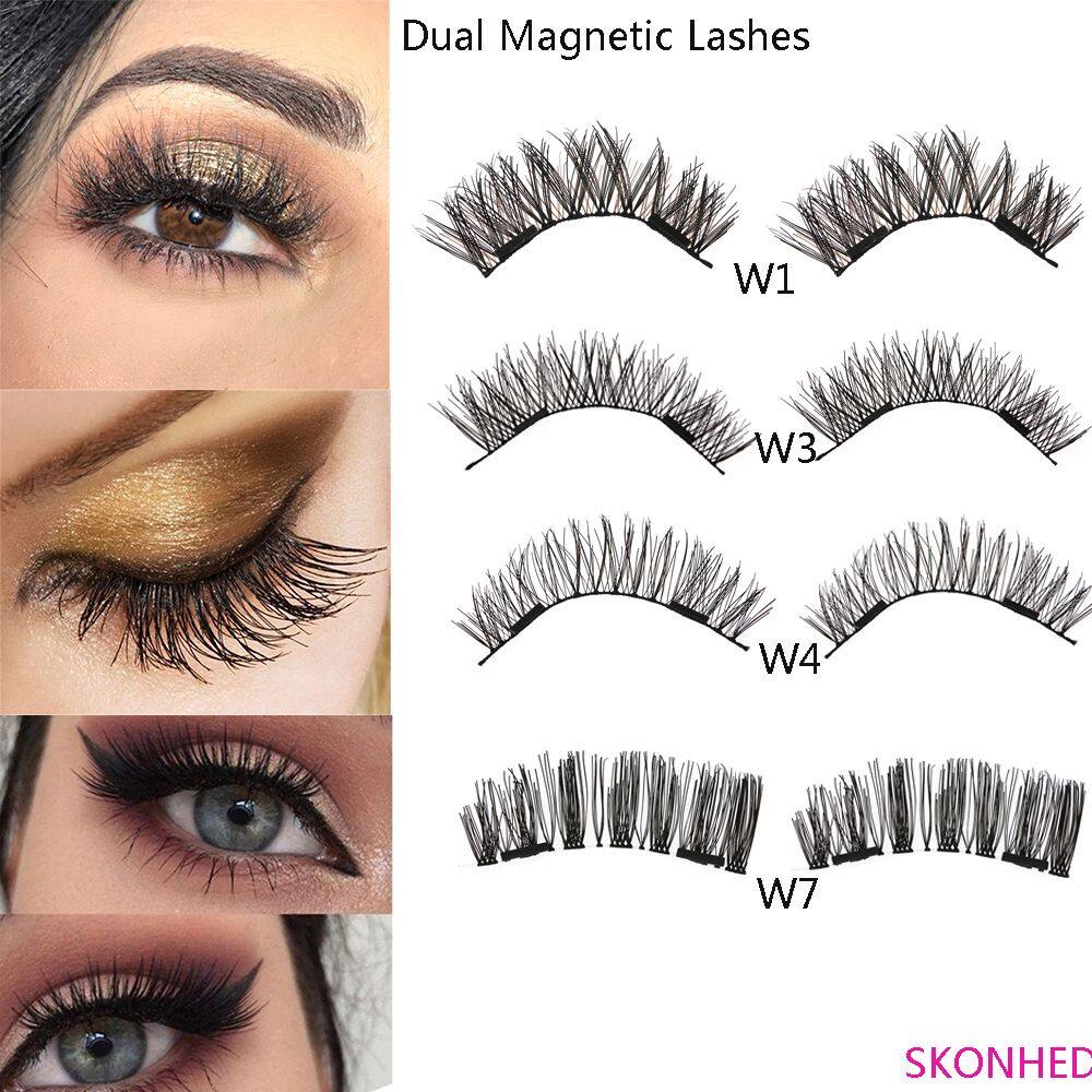 SKONHED 4 Pcs Reusable Handmadeหนายาวขนตาปลอมชิ้นเล็กDualแม่เหล็กกาวขนตาLashes Extension