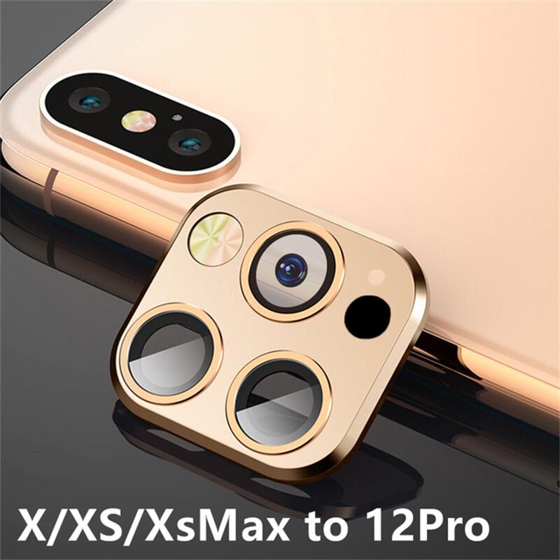 Phim Ống Kính Máy Ảnh Cho iPhone X XS Max Đến 12 Pro 12Pro Max Kính Cường Lực Ốp Lưng Ống Kính Kim Loại Miếng Dán Giả Sửa Đổi