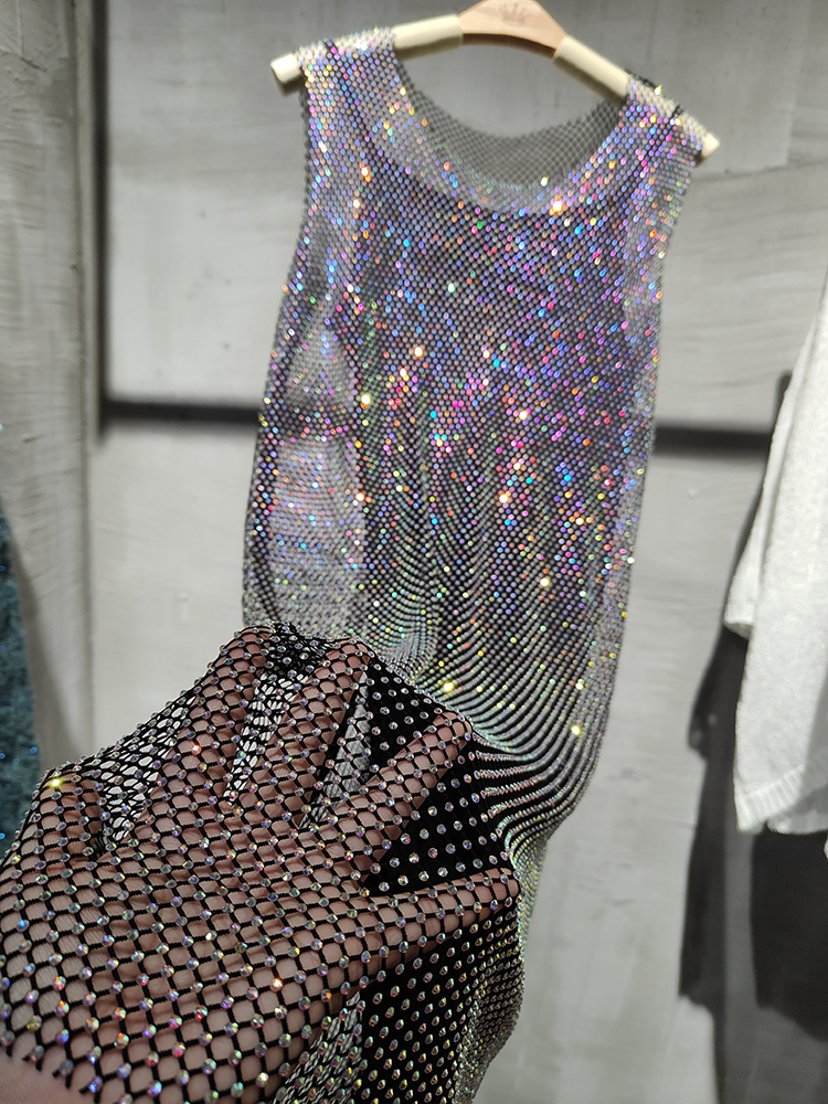 Váy lưới màu mới pha lê kim cương váy midi vestido lấp lánh đi tiệc khiêu vũ váy tình dục nữ đi club váy gợi cảm thanh lịch