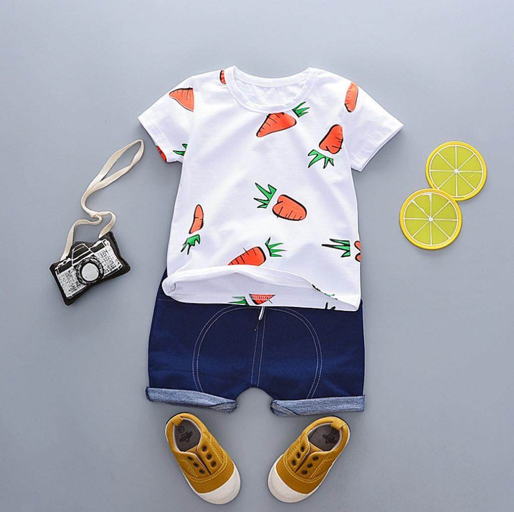 【 LA_AKOW MALL】Toddler เด็กทารกเด็กเด็กผู้ชายแครอทเสื้อยืดท็อปแบบตัวสั้น Tee สั้นชุดลำลองชุด