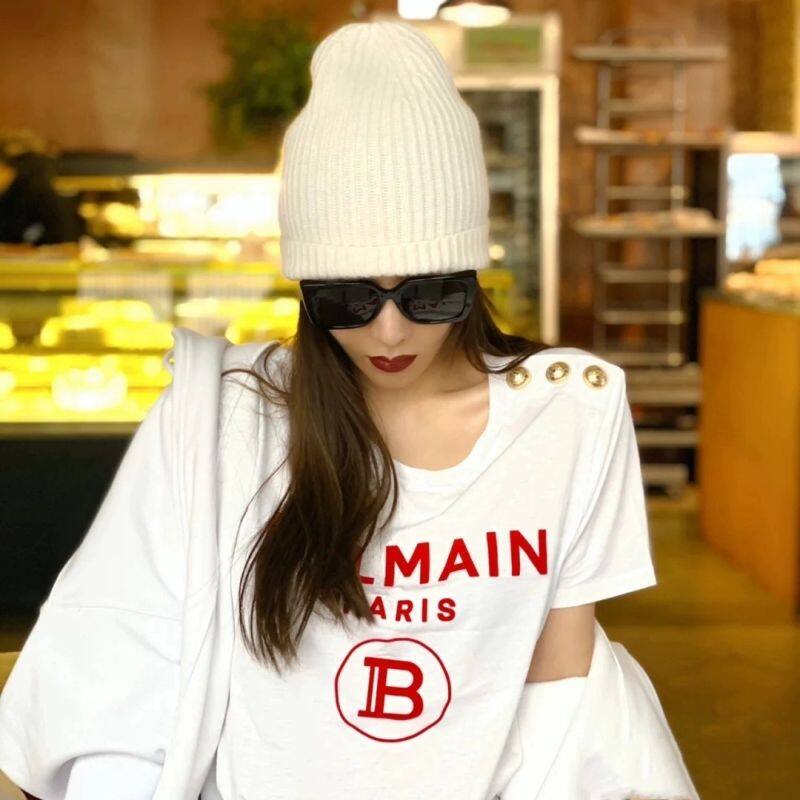 ˉbalmain áo thun chữ đỏ tay ngắn vải cotton in chữ đỏ