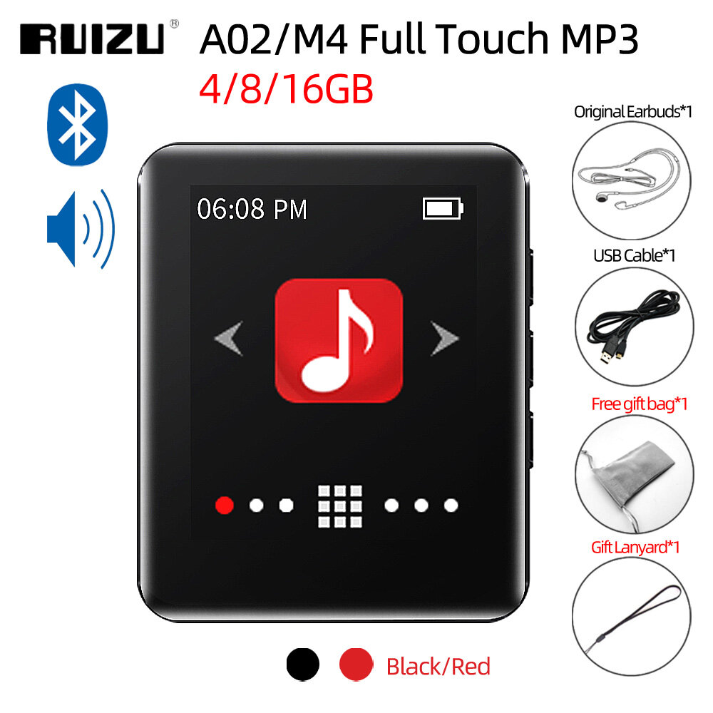 RUIZU A02 M4 MP3 Máy Nghe Nhạc Bluetooth 4.0 1.8 Inch Đầy Đủ Màn Hình Cảm Ứng 4GB 8GB 16GB Âm Nhạc HiFi Máy Nghe Nhạc Với Xây Dựng-Trong Loa Âm Thanh Di Động Walkman Hỗ Trợ Ghi Âm Đài FM E-Book Đồng Hồ Video MP4 Người Chơi