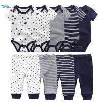 Kiddiezoom 9 Pieces Newborn Baby Clothes Set/Terno Boy Girl Baby Gift Pure Cotton 0-12 Months Include 4 Pieces Baby Pants+5 Pieces Baby Rompers/Jumpsuits/bodysuits