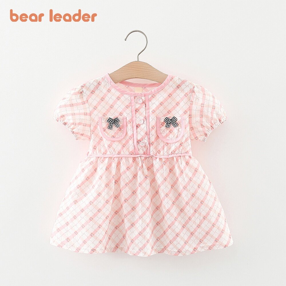 Bear Leader Baby Clothes 2023 Summer New Girls Check Short Sleeve Dress 0