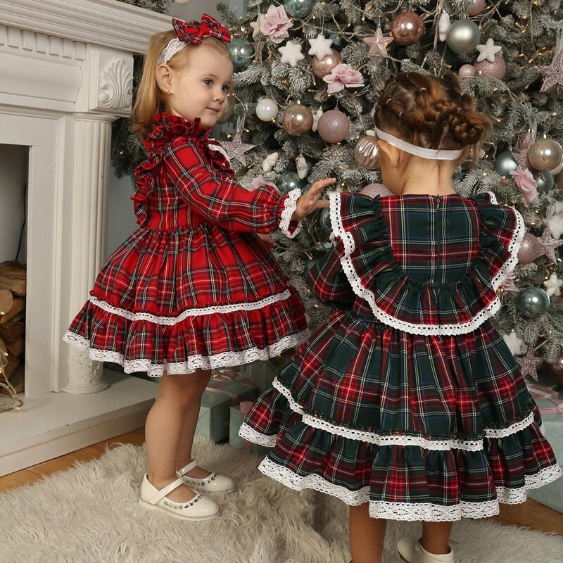 1-7Y Kids Girls Christmas Dress Baby Long Sleeve Lace Trim Ruffle Plaid