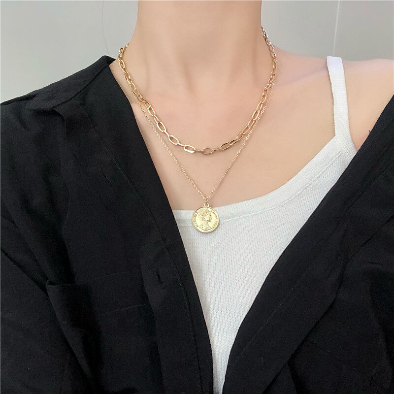Vòng cổ mặt dây chuyền đồng xu hai lớp hoài cổ, vòng cổ nhiều lớp dây chuyền vòng cổ choker thời trang