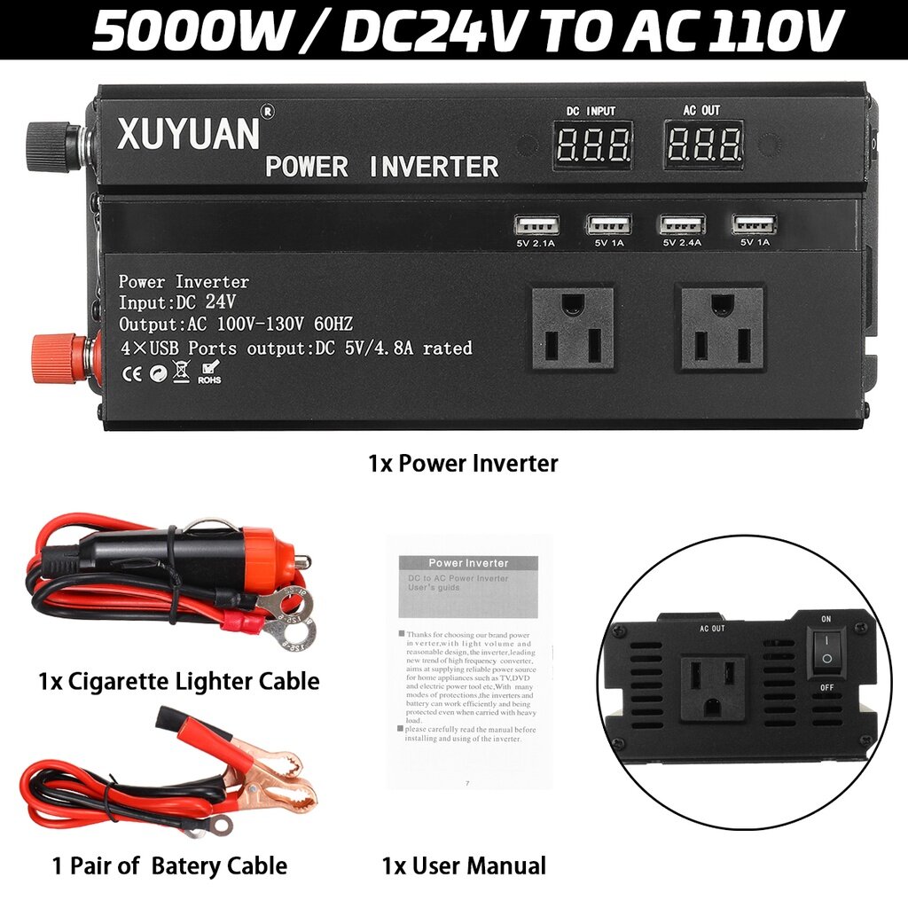 5000W Intelligent Digital Display Modified Sine Wave Inverter Black Voltage Transformer Power Conver