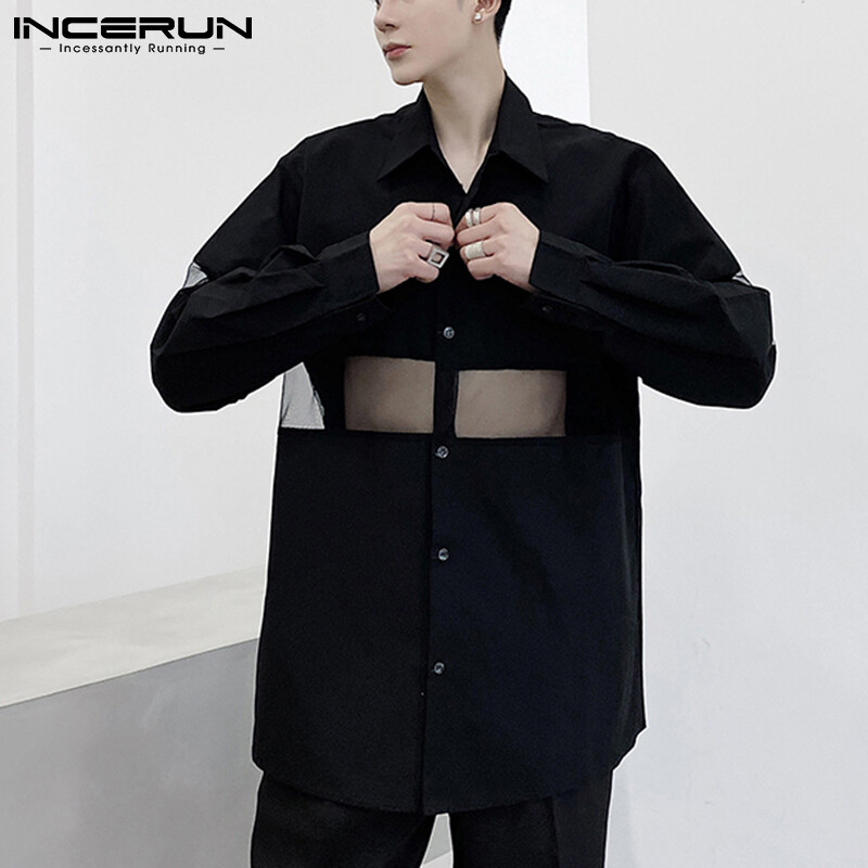 [Chuyển hàng miễn phí] (Phong Cách Hàn Quốc) INCERUN Áo Sơ Mi Cotton Dài Tay Cho Nam, Áo Cánh Lưới Xuyên Thấu Clubwear Dress Tops