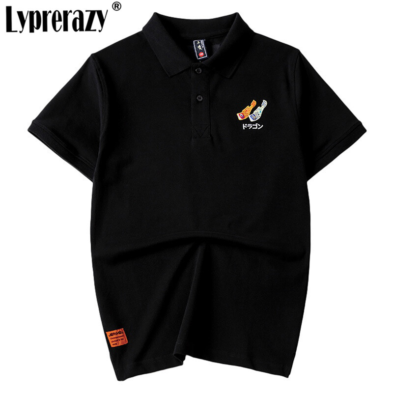 Lyprerazy cá chép thêu áo polo nam, áo dáng rộng ve áo dạo phố thường ngày tay ngắn, nam thương hiệu quần áo