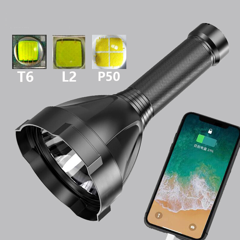 Camping & Hiking Torch Light Powerful XHP50 Built-In Battery Flashlight Mobile Power Rechargeable Waterproof Searchlight Outdoor Camping LED Light