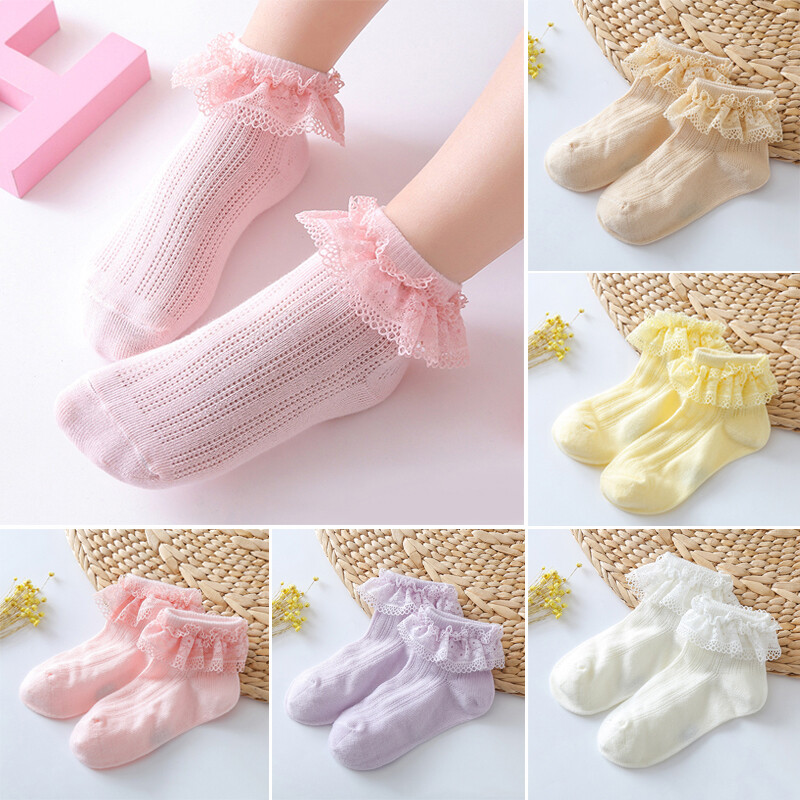 Vớ Em Bé Ren Công Chúa Vớ Ngắn Cotton Màu Trơn Thoáng Khí Mềm Mại Mùa Hè Cho Bé Gái